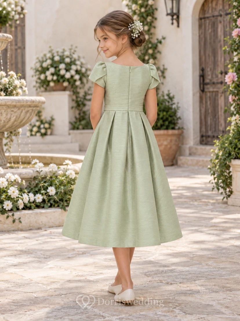 Simple Tea-length Celadon Bateau Tulip Sleeve Pleated Shantung Flower Girl Dress view 2