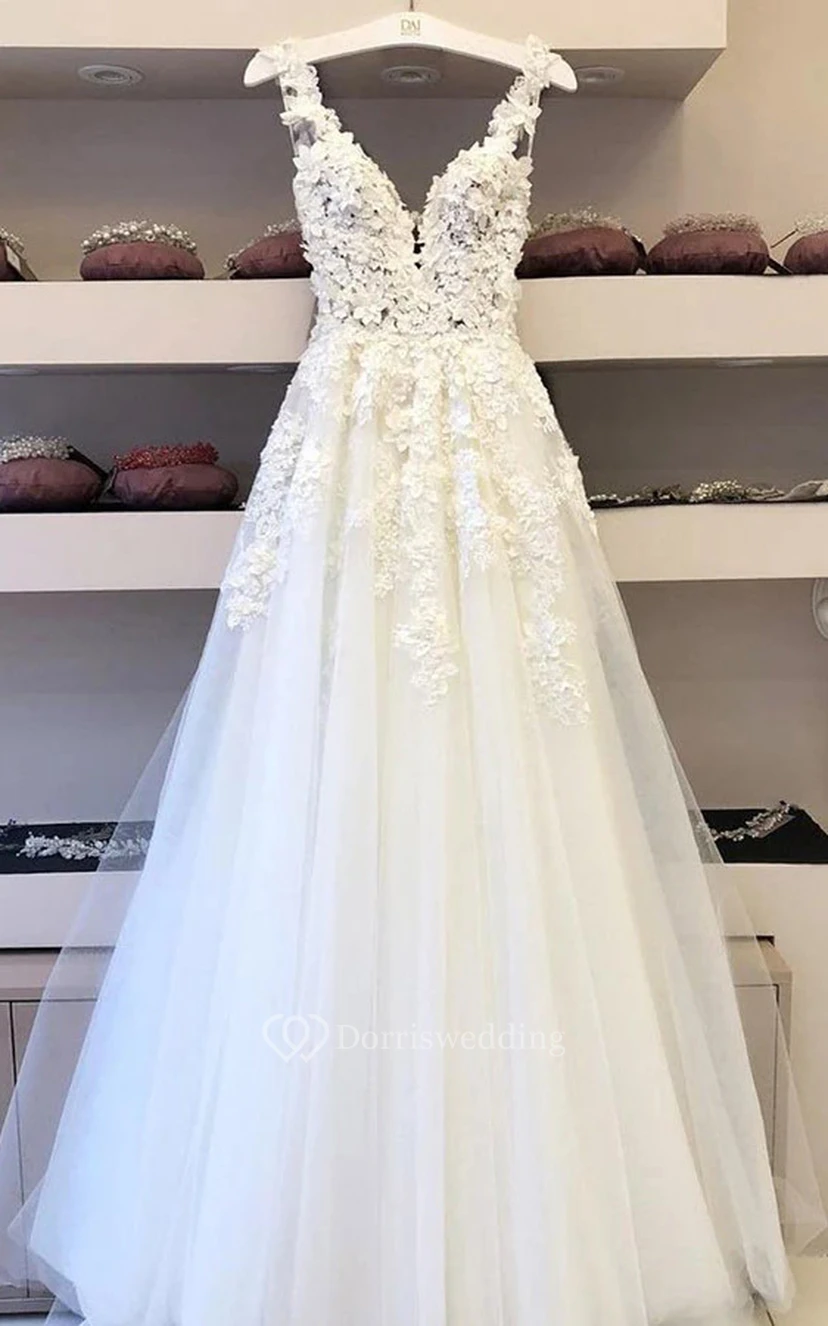Elegantes, ärmelloses Empire-Brautkleid aus Spitze und Tüll mit V-Ausschnitt und A-Linien-Schnitt view 7