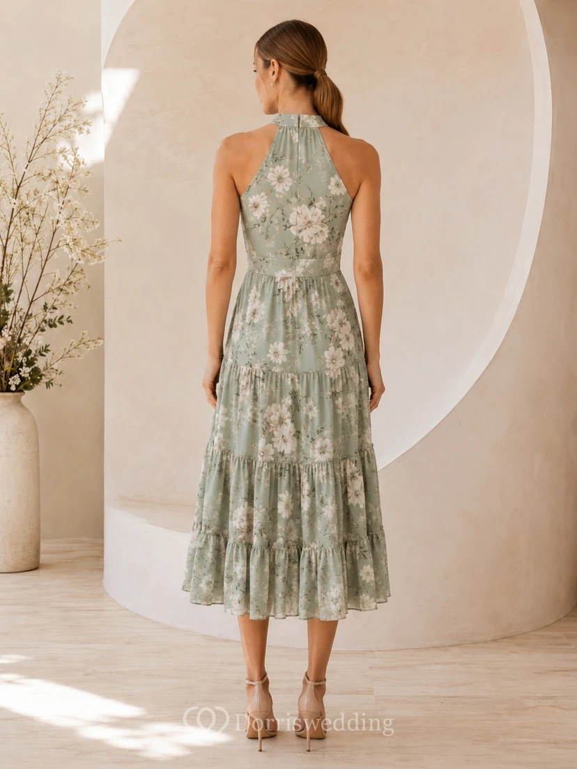 Halter Sleeveless Floral Chiffon A-Line Tea-length Bohemian Garden Dress view 2