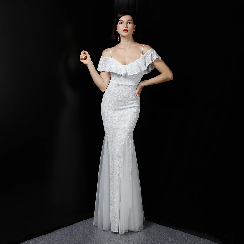 Robe de soirée élégante à franges et sequins en fil de polyester, style sirène, idéale pour un banquet ou une occasion spéciale automne.
