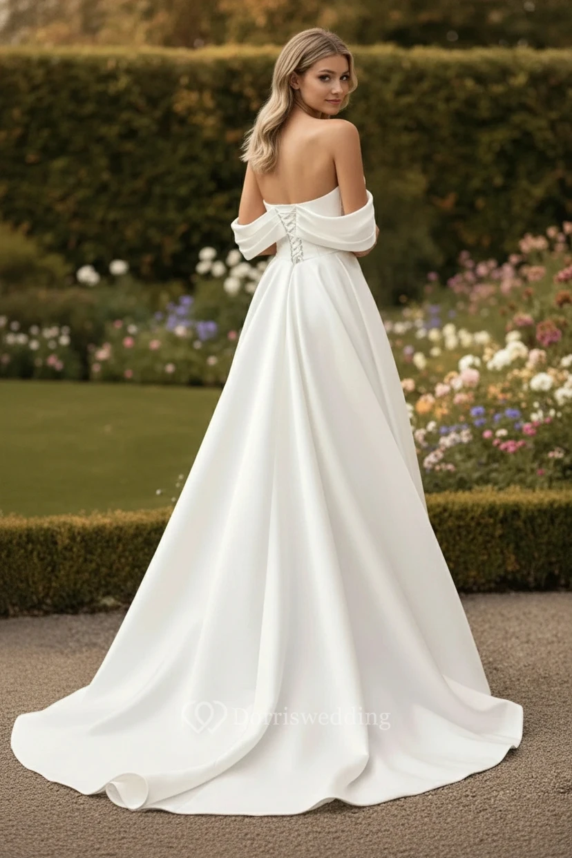 A-line Satin Off-the-Shoulder High-Slit Wedding Dress view 2