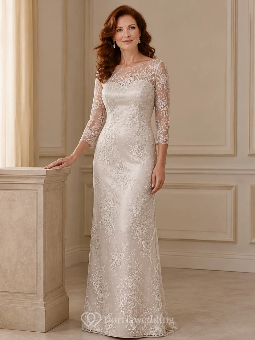 Sleek Modest Older Brides Lace Sheath Floor-length Bateau Three-Quarter Sleeve Mother Dress