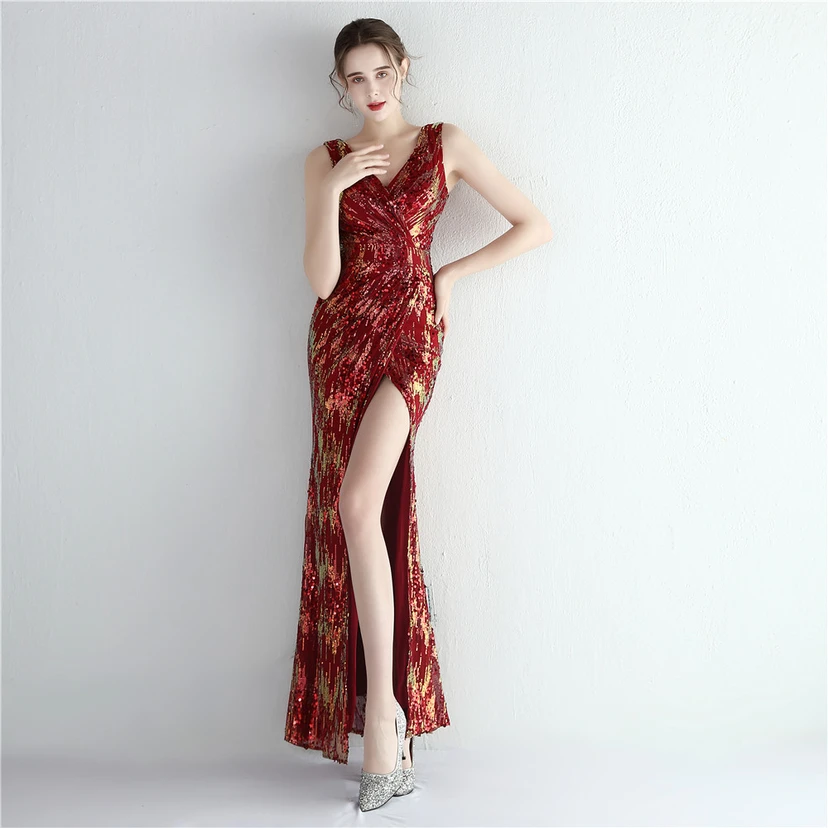 Nouvelle jupe longue fendue à sequins Aura Queen, style banquet de célébrités. view 13