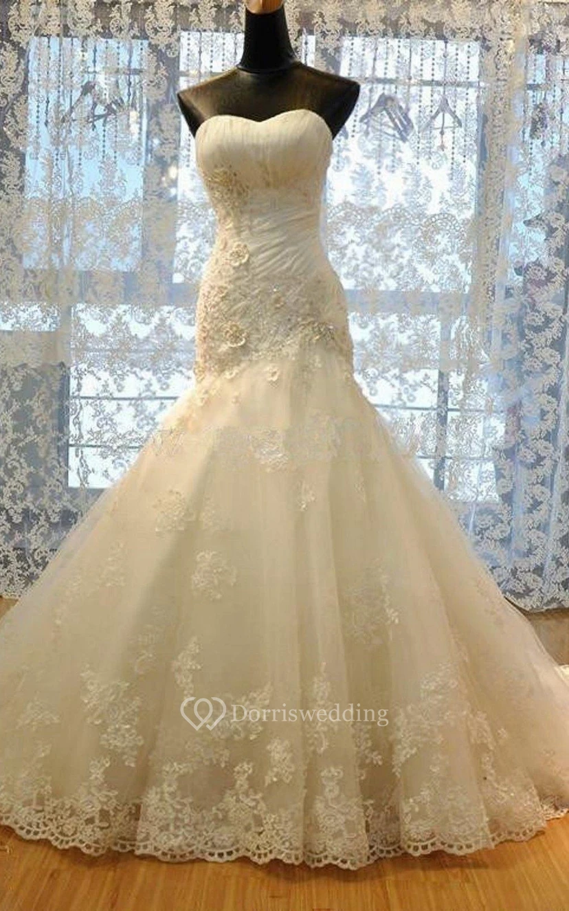 Meerjungfrauenkleid mit langen Trägern, ärmellos, mit Glockenrüschen, Schnürung am Rücken, aus Spitze, Organza und Satin