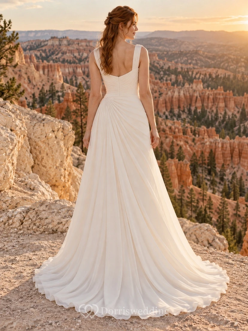 Vestido de novia sencillo de corte recto, sin mangas, de georgette liso y largo hasta el suelo. view 2