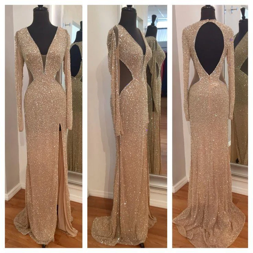 Robe de soirée à sequins à manches longues et fente avant, ornée de strass view 2