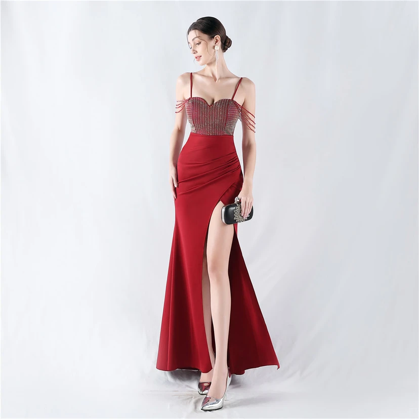Hot Diamond Beaded High-Slit Satin Sexy Sling Evening Dress view 45