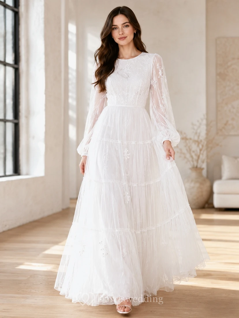 Boho Long Sleeve Jewel Neck Tiered Tulle A-Line Floor-Length Wedding Dress