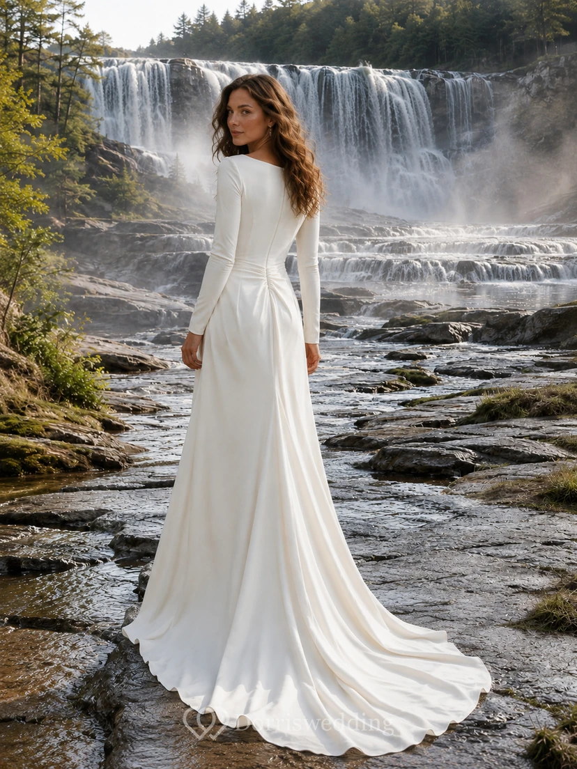 Brautkleid mit eckigem Ausschnitt, langen Ärmeln und Wasserfall-Drapierung view 2