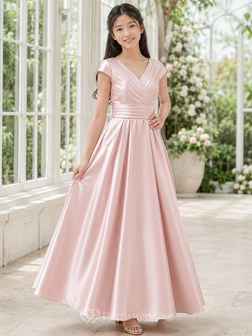 Elegantes, rosafarbenes, kurzärmeliges, bodenlanges A-Linien-Brautjungfernkleid aus Satin mit V-Ausschnitt und V-Ausschnitt