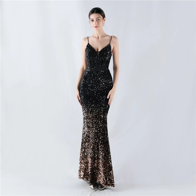 Samtiger, farbverlaufender, perlenbesetzter, sexy Strumpfhalter-Abendkleid view 10