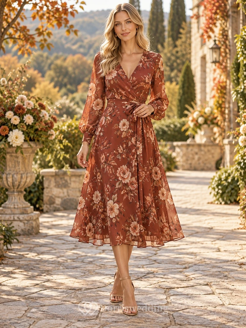 Braunes, rostfarbenes, geblümtes A-Linien-Kleid mit V-Ausschnitt und kurzen Ärmeln für Gäste im Herbst