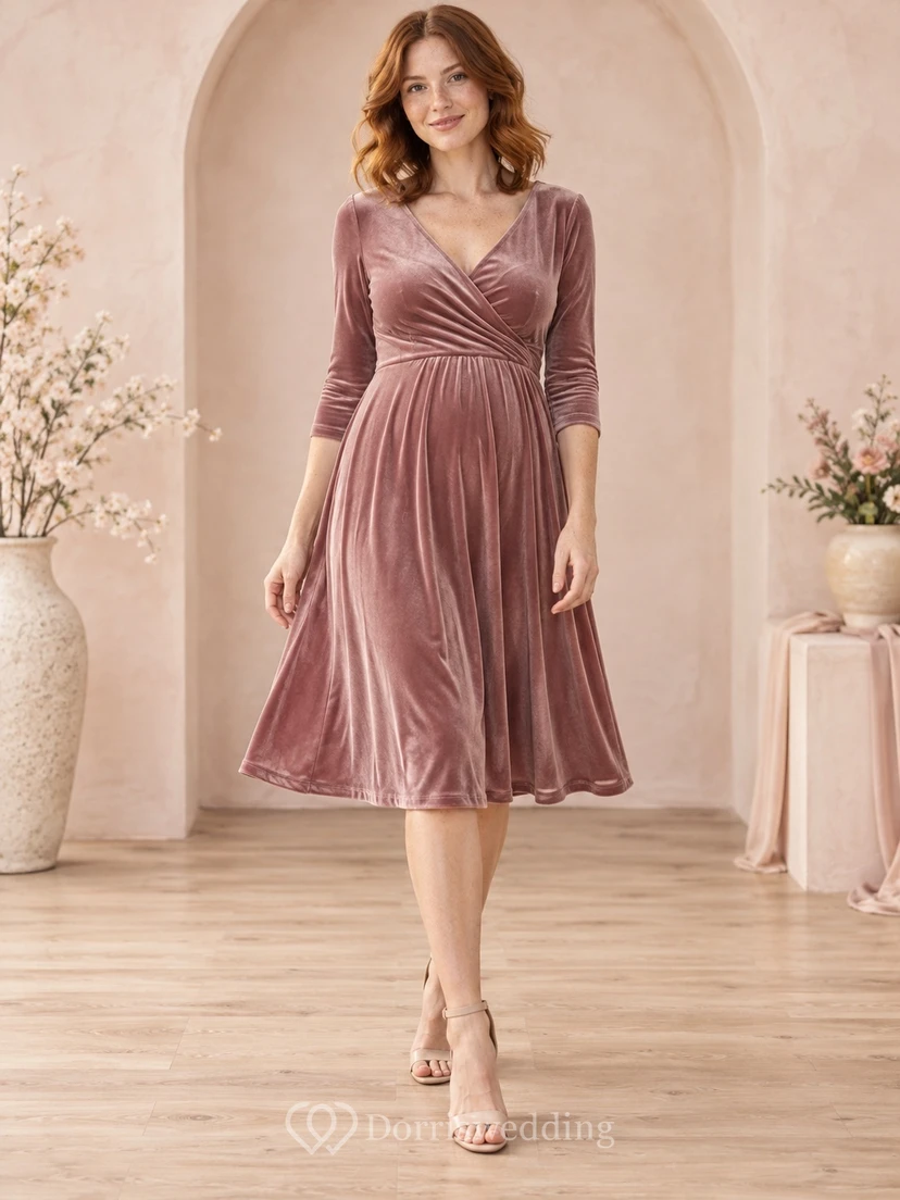Dusty Rose V-neck Three Quarter Sleeve Ruched Velvet Midi Dress