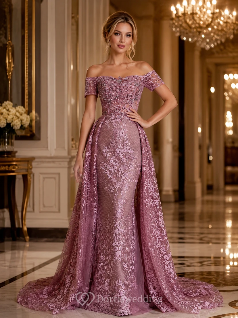 Robe de soirée élégante trapèze en dentelle, traîne brossée, sans manches, fermeture éclair et perles