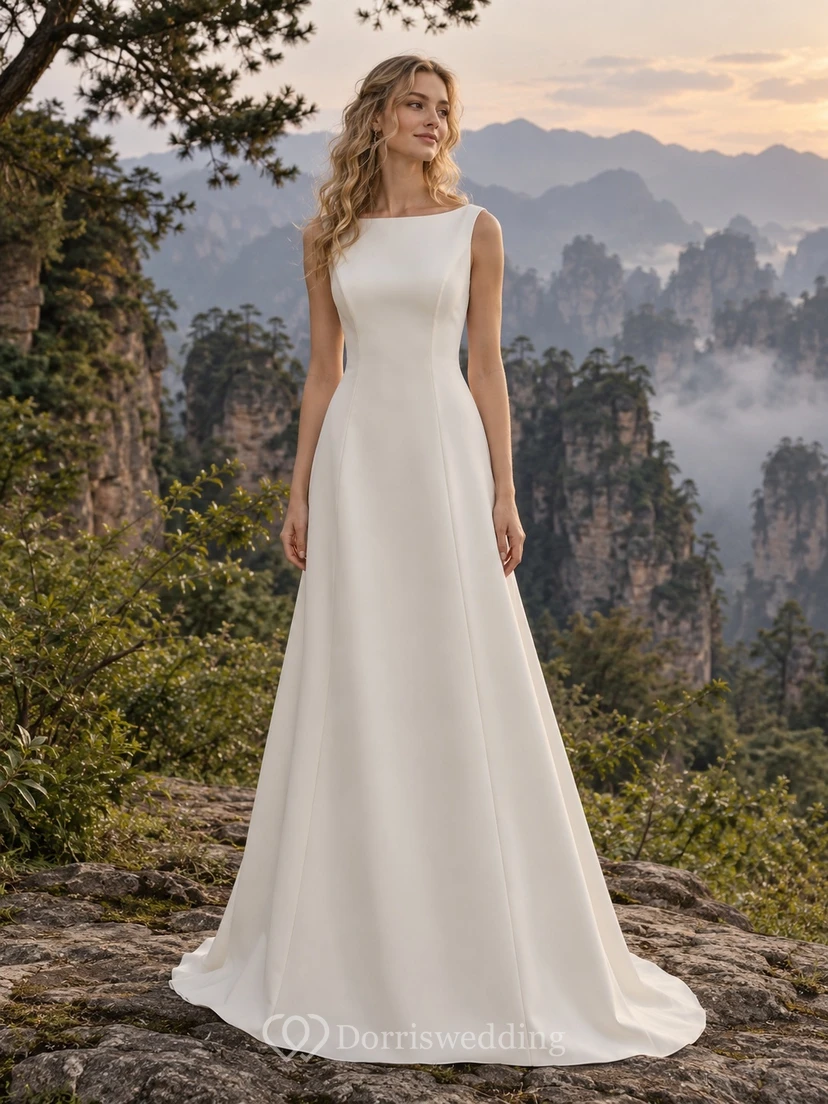 Vestido de novia sencillo y modesto, sin mangas, con escote barco y corte en A.