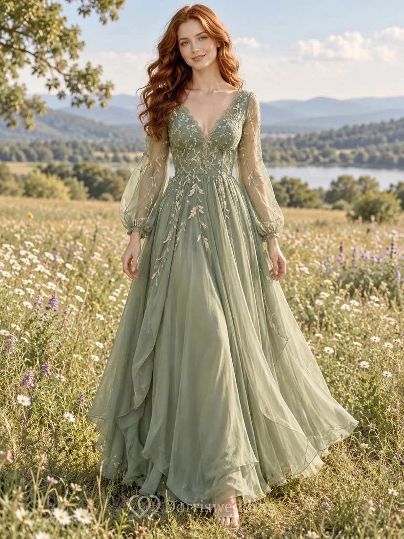 Robe de bal en mousseline superposée, col en V, dentelle à feuilles, couleur sauge, manches longues