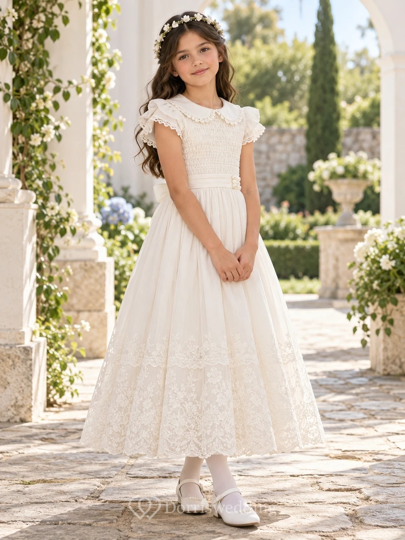 Ivory Scalloped Collar Smocked Lace Cap Long First Communion Dress