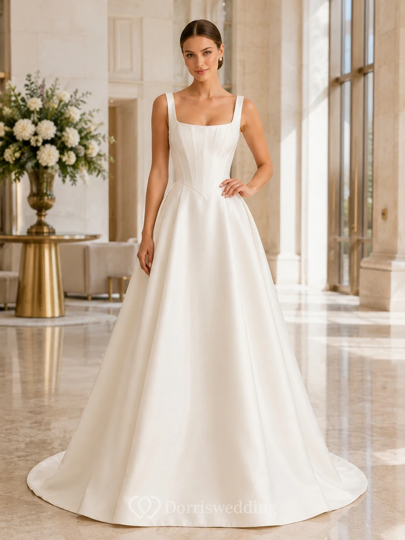 Minimalist Satin Wedding Dress A-Line Square Neck Sleeveless Sweep Train Bridal Gown