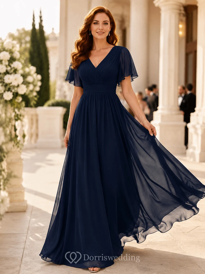 Dark Navy V-Neck Chiffon Black Tie Guest Dress