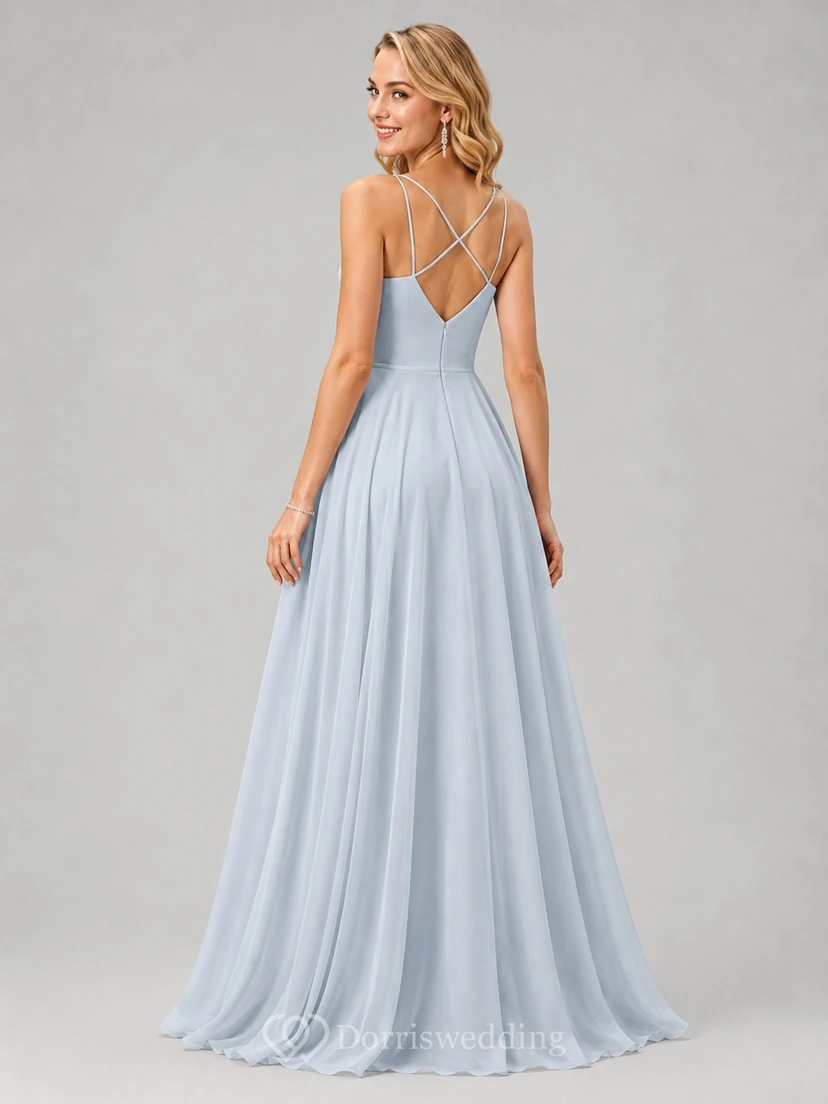 Himmelblaues, romantisches Chiffon-Brautjungfernkleid mit V-Ausschnitt und A-Linie view 2
