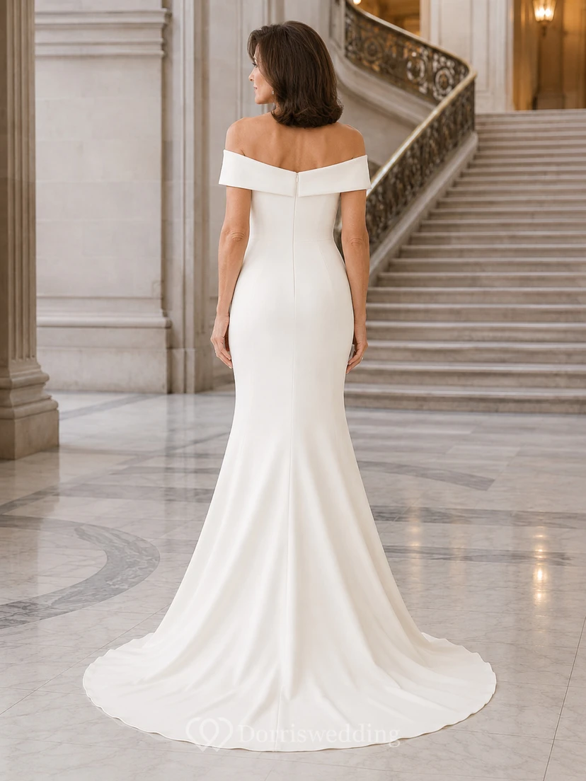 Modern Elegant Off Shoulder Sleeveless Satin Mermaid Court Train Wedding Dress view 2