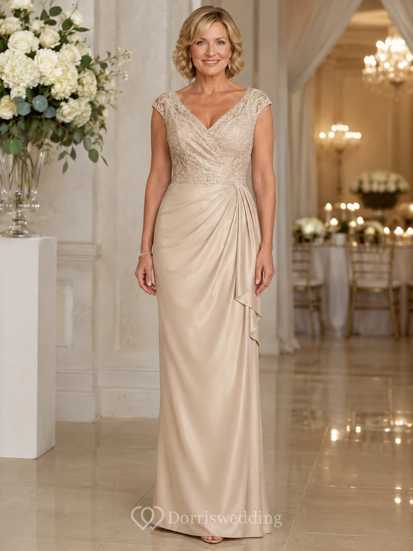 Sheath V-Neck Short Sleeve Chiffon Mother Dress with Lace