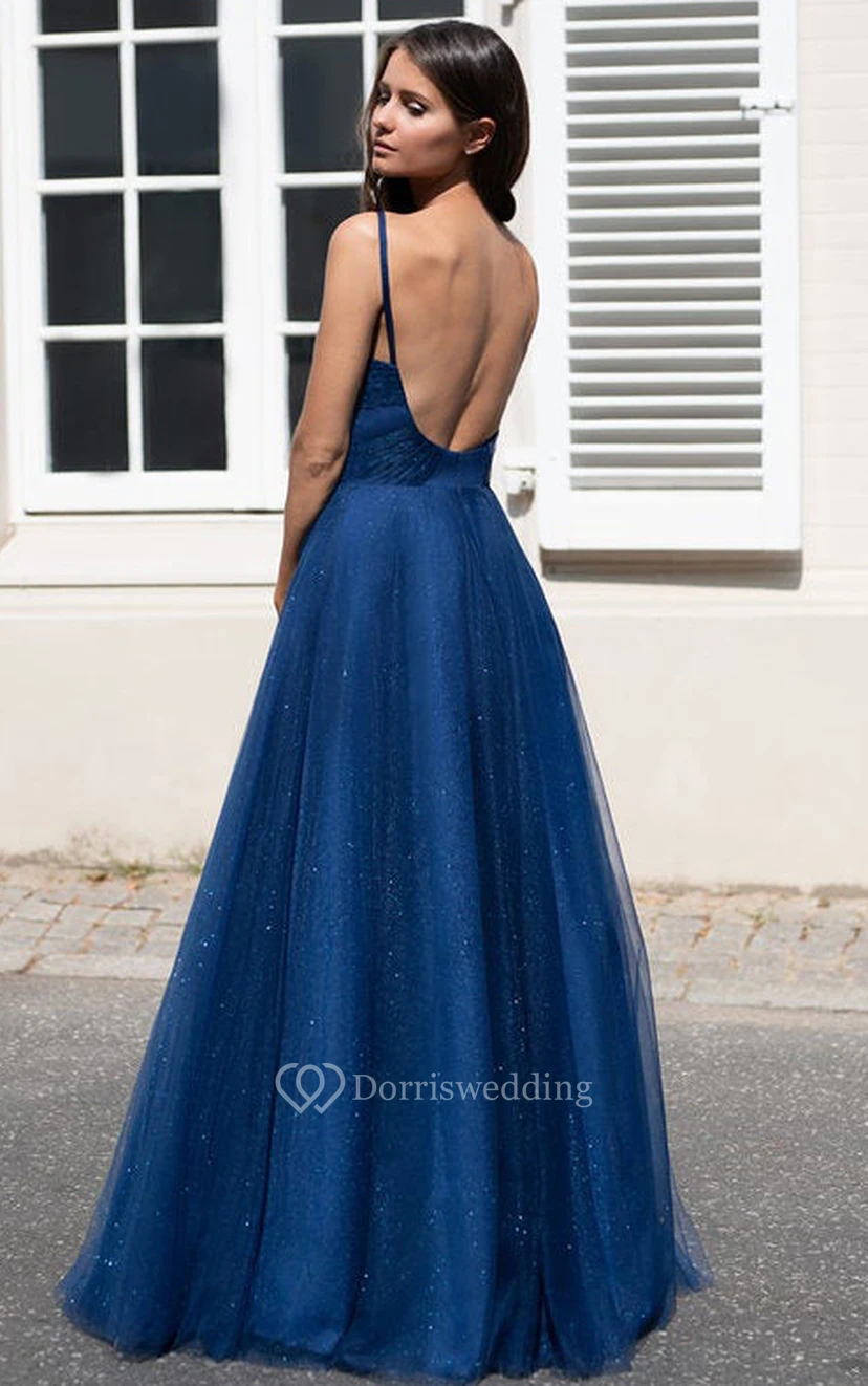 Robe de bal sexy sans manches, longue jusqu'au sol, coupe trapèze, en tulle, dos nu plongeant en V et fronces view 3