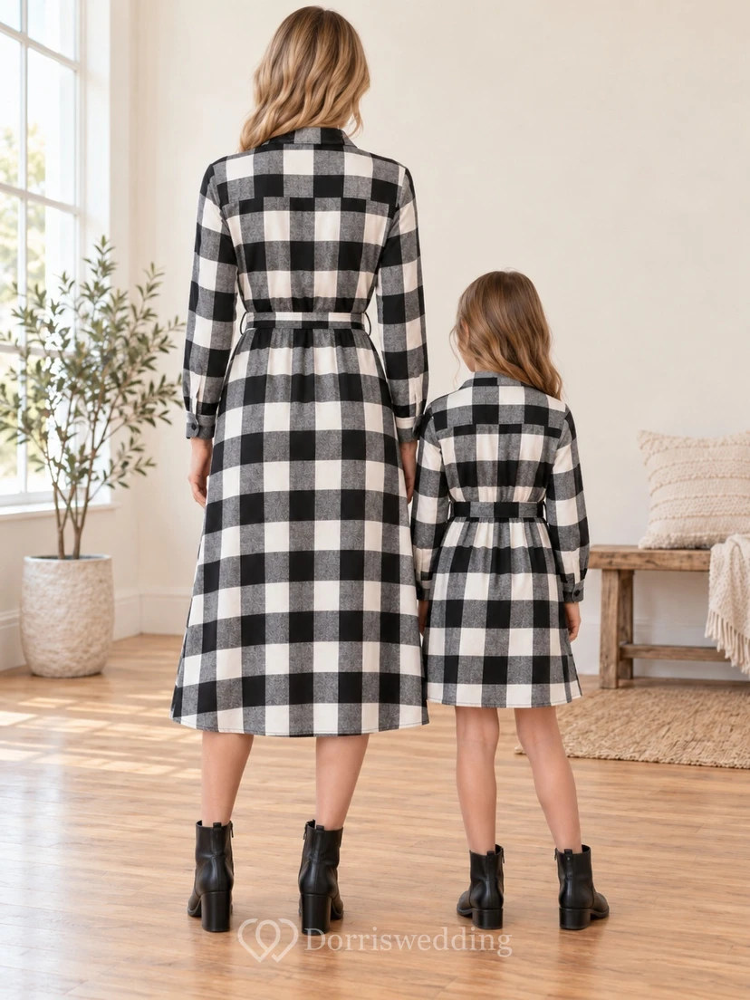Modest Long Sleeve Black Check Button Front Belted Family Shirt Dress view 2