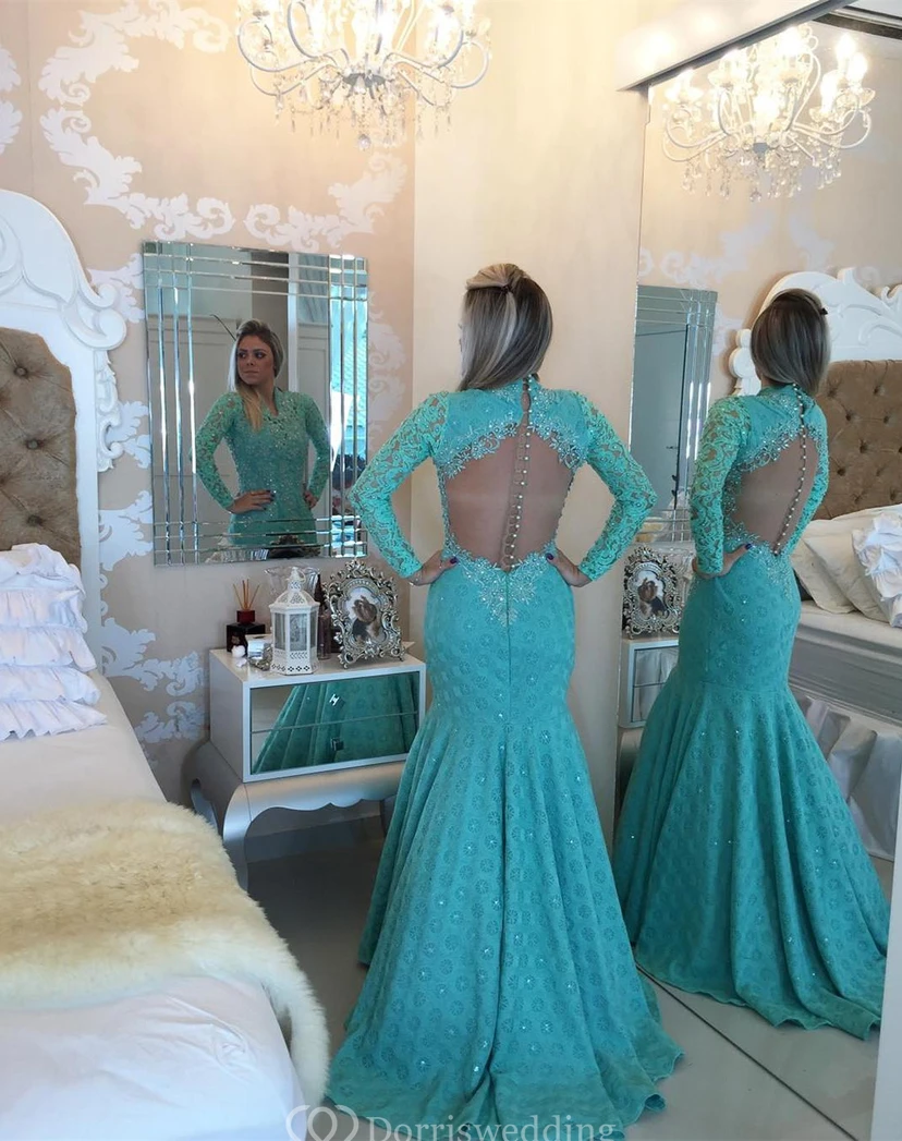 Glamorous Long Sleeve Lace Evening Dresses Appliques Mermaid view 2