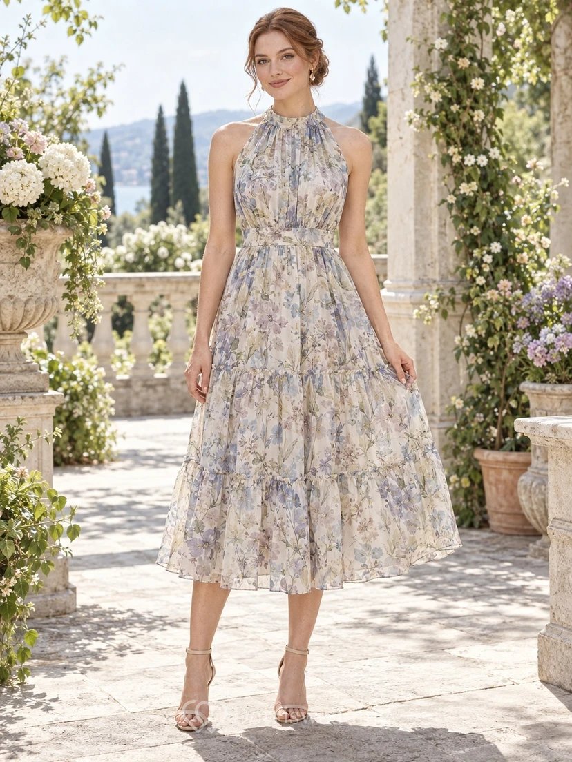 Ärmelloses, teelanges Chiffon-Gartengastkleid mit dezentem Wildblumenmuster und Neckholder.