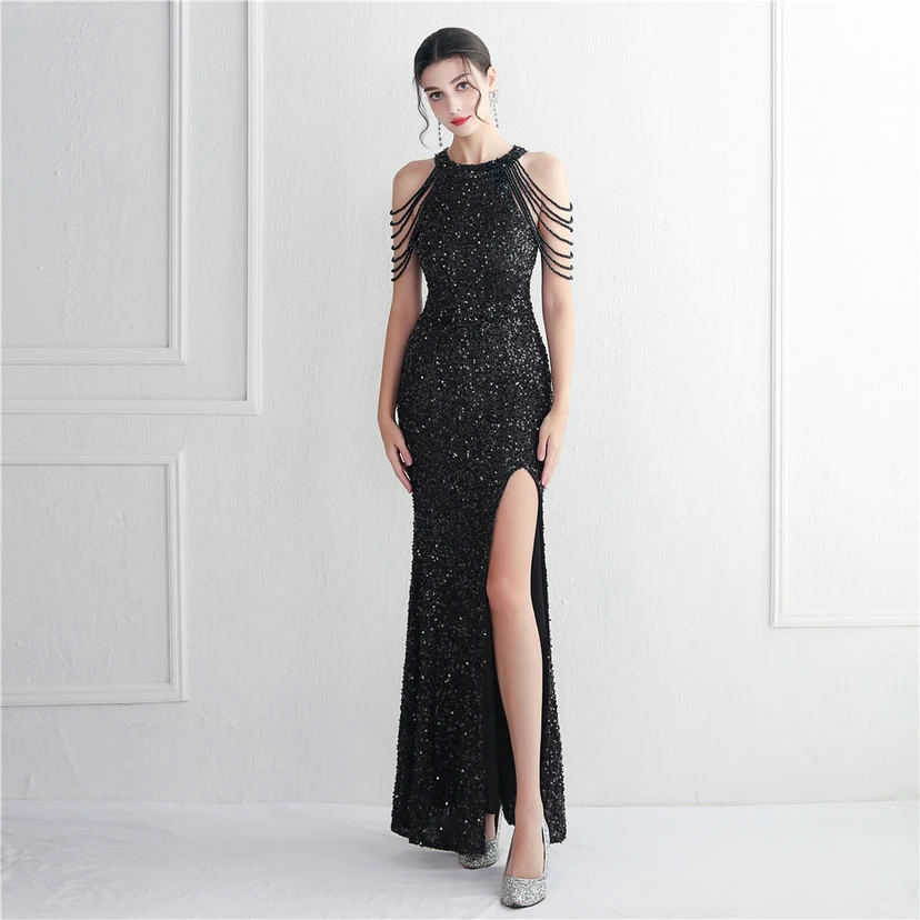 Heavy-Duty Glass Bead Craft Beaded Banquet Evening Dress Temperament Elegant Long Halter Neck Slit Sequins view 61