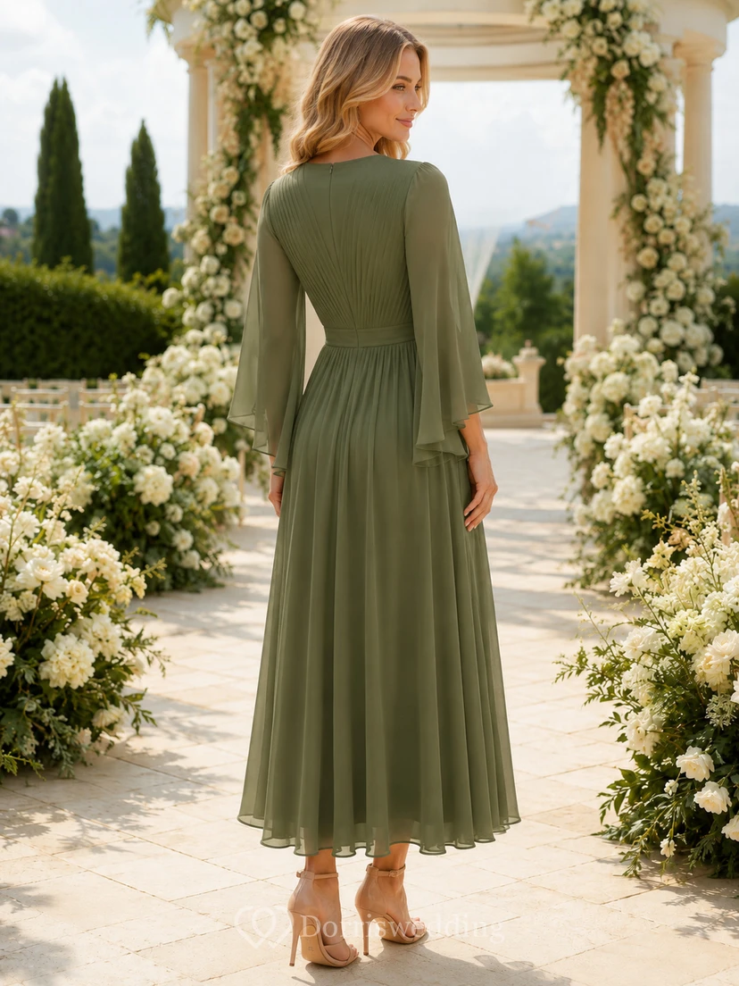 celadon V Neck Bell Sleeve Chiffon Ankle Length Guest Dress view 2