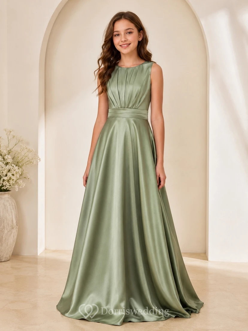Celadonfarbenes Brautjungfernkleid in A-Linie mit Schmucksteinen und U-Boot-Ausschnitt, ärmellos, elegant, aus Satin