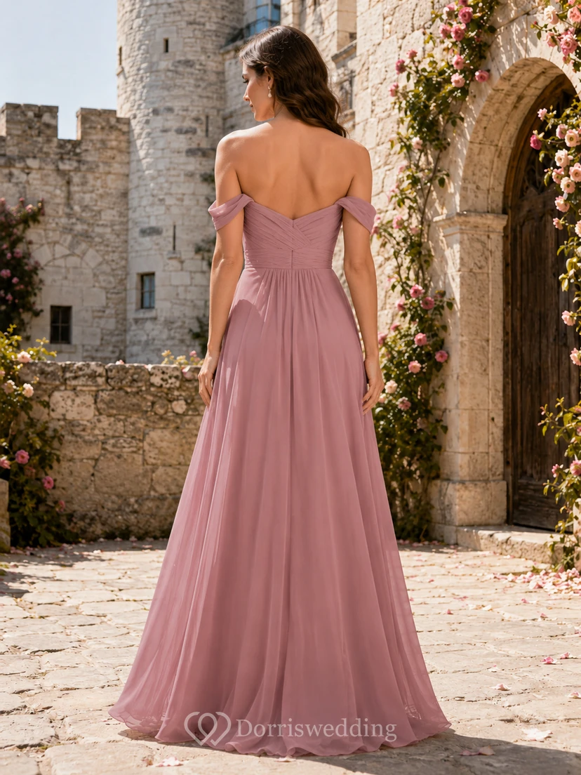 Castle Dusty Rose Off-Shoulder Chiffon A-Line Floor-Length Bridesmaid Dress Romantic Elegant Off-the-shoulder view 2