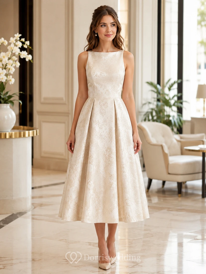 Vintage Civil Jacquard A Line Bateau Sleeveless Tea Length Wedding Dress