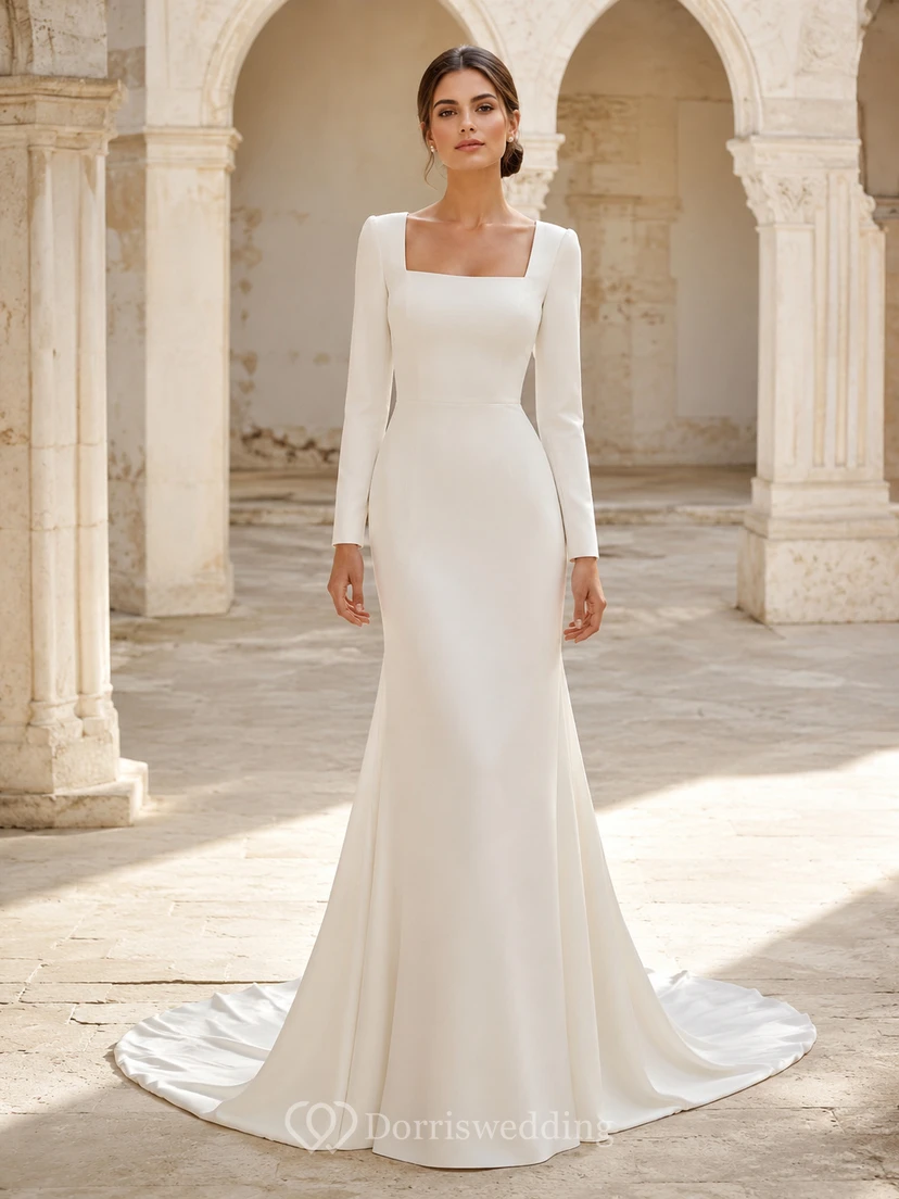 Robe de mariée fourreau à manches longues et col carré en satin sobre