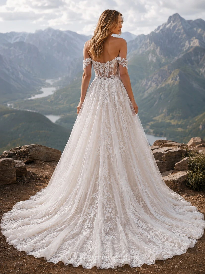Off-the-Shoulder Boho Wedding Dress with 3D Floral Lace, Corset Bodice & Full A-Line Train view 2