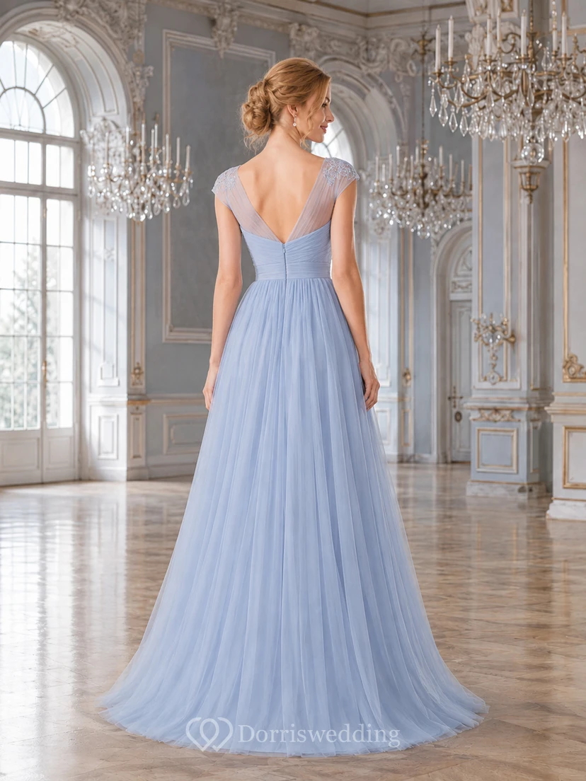 Formal Ballroom Sky Blue Romantic Elegant A-Line Tulle Bridesmaid Dress with V-Neck Sleeveless Floor-Length Low Back view 2