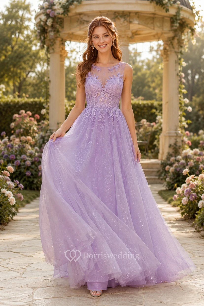 Plus Size Lavendel-Abendkleid in A-Linie aus Illusionsspitze mit Tüllrock und V-Ausschnitt am Rücken für formelle Gartenveranstaltungen