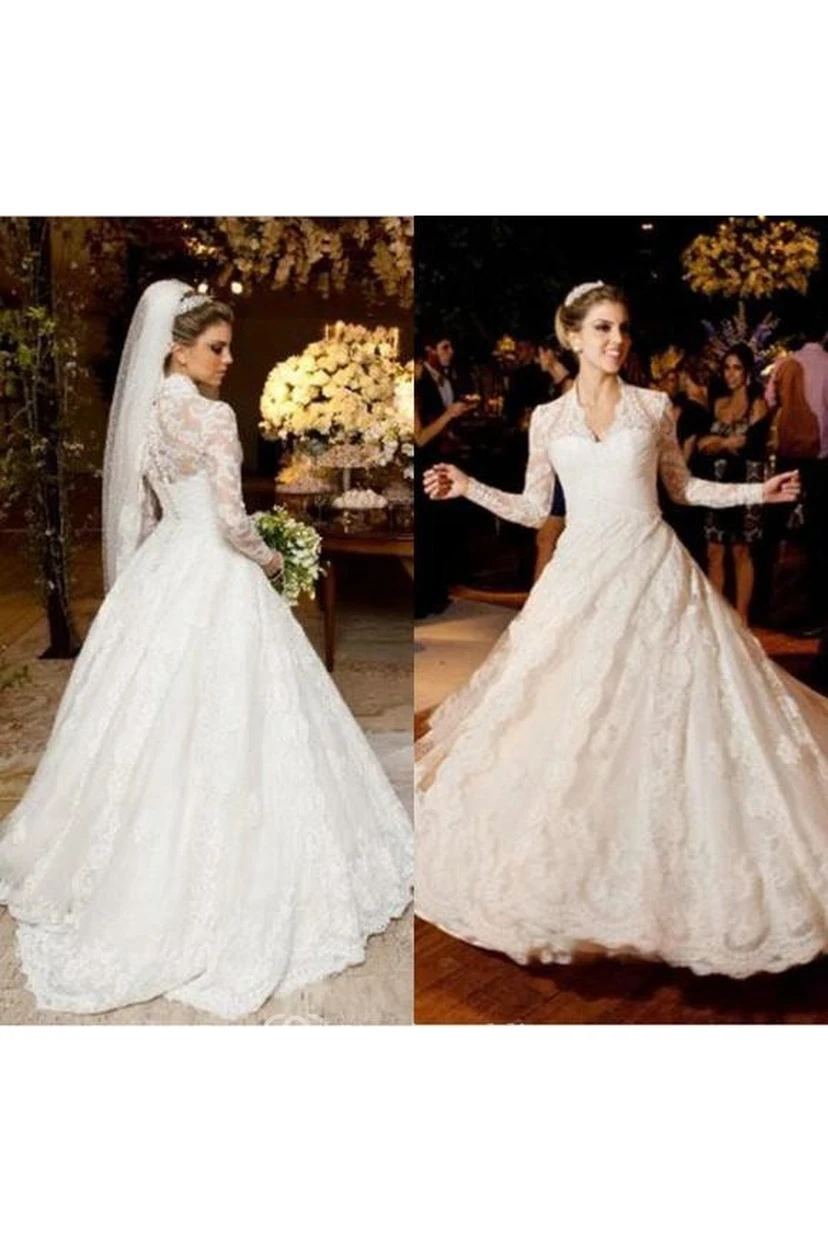 Elegant V-neck Long Sleeve Lace Wedding Dress Ball Gown view 3