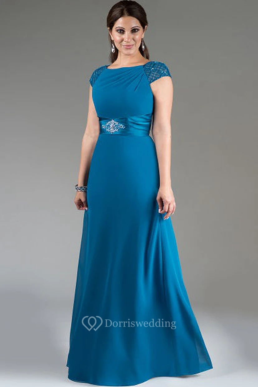 Beaded Cap Sleeve A-Line Long Mother Of The Bride Dress With Crystal Satin Sash