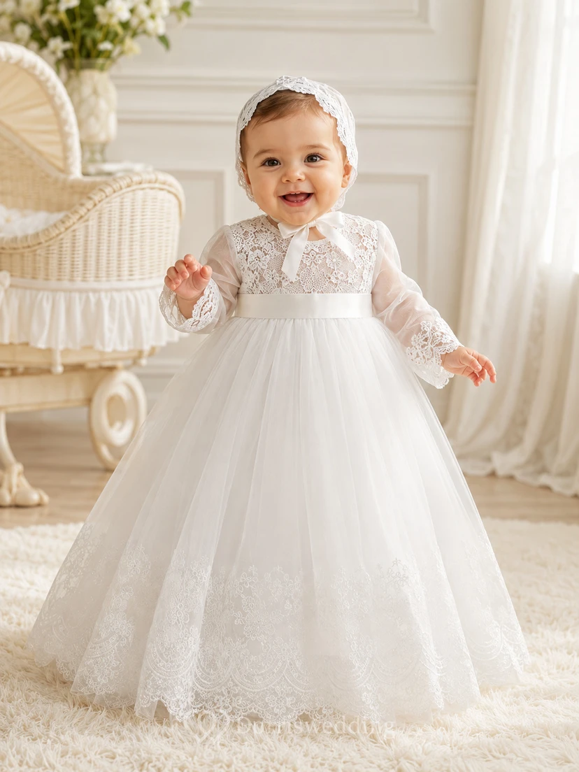 Vestido clásico para ceremonia de bautizo de bebé, corte en A, largo hasta el suelo, cuello joya, manga larga, tul, encaje, lazo en la espalda, botones en la espalda.