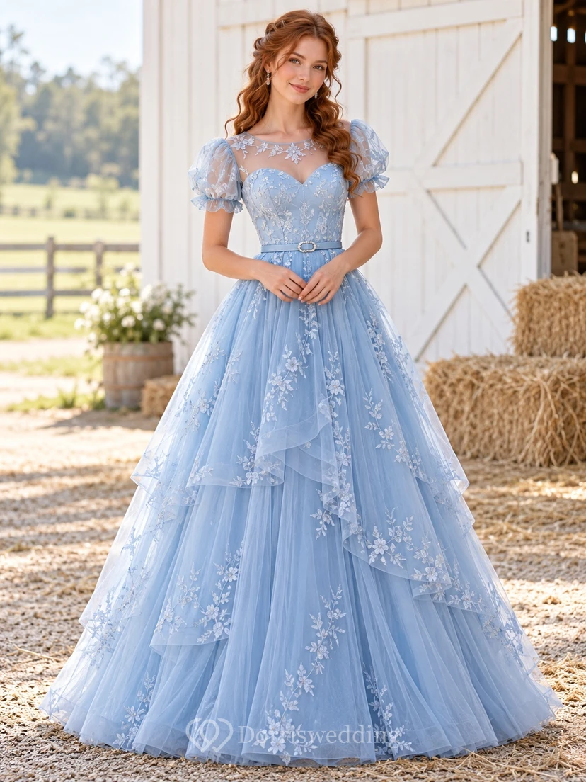 Robe de bal western bleu ciel à manches bouffantes en tulle fleuri et manches bouffantes