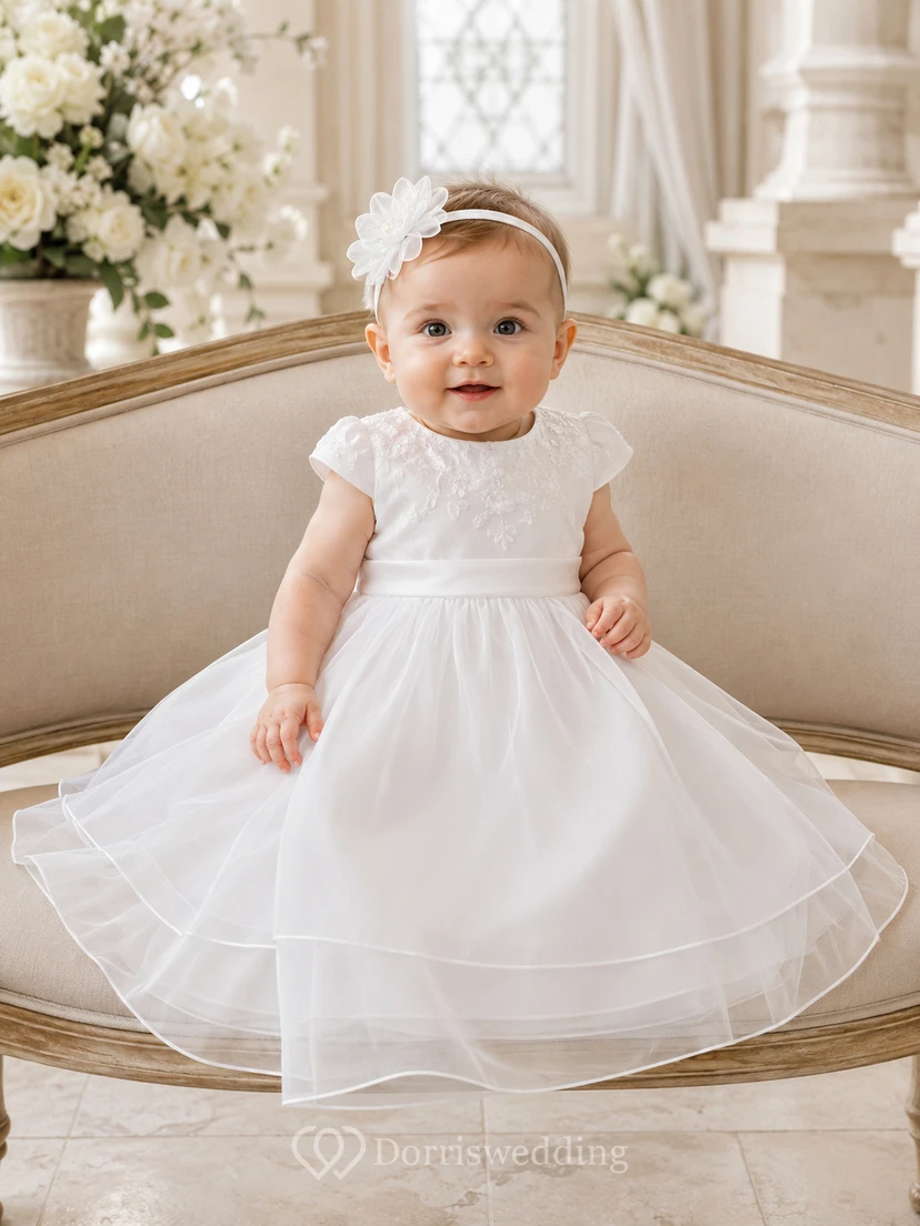 Sheer Organza Overlay Baby Christening A-Line Scoop Neck Dress Simple Adorable Romantic Tulle