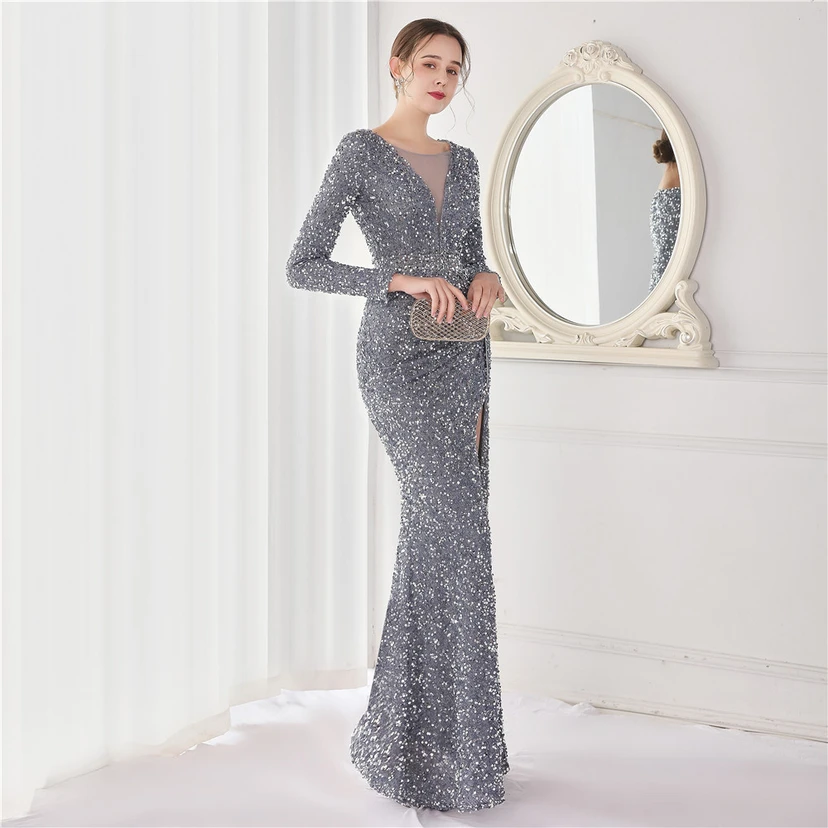 Elegantes, langes Paillettenkleid mit langen Ärmeln und Meerjungfrauenschnitt – ein Abendkleid im Aura-Queen-Stil für festliche Anlässe. view 33