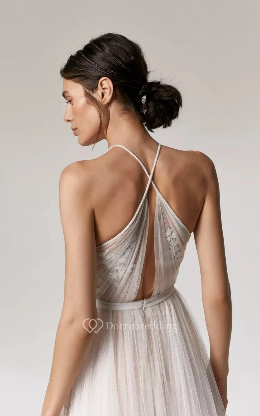 Ärmelloses, trägerloses Tüll-Hochzeitskleid im Empire-Stil mit Falten und Applikationen view 3
