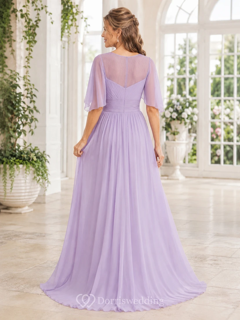Lavendelfarbenes Chiffon-Mutterkleid mit eckigem Ausschnitt und flatternden Ärmeln view 2