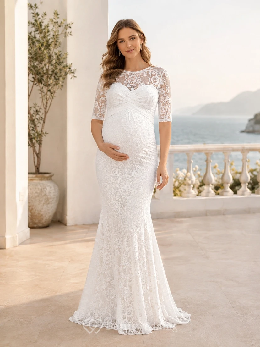 Vestido de novia premamá de encaje con escote redondo y manga corta estilo sirena