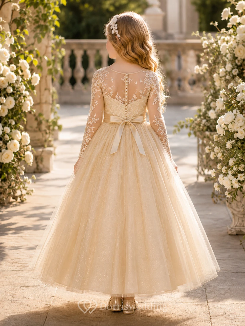 Flower Girl Dress Champagne Lace Tulle A-Line Long Sleeve Jewel Neck Floor Length view 2