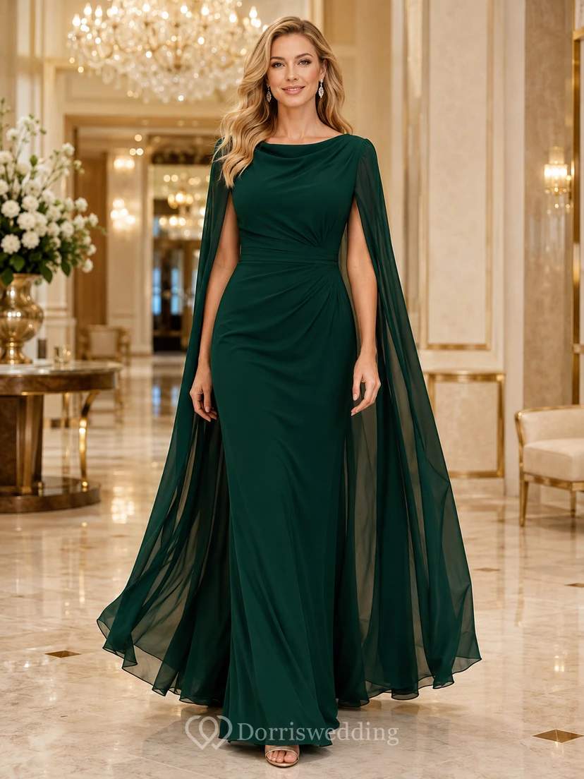 Dark Green Cape Sleeve Chiffon A-Line Formal Gown